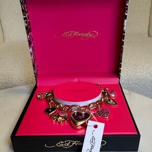 Ed Hardy Gold Bracelet with Black and Red Heart Charms